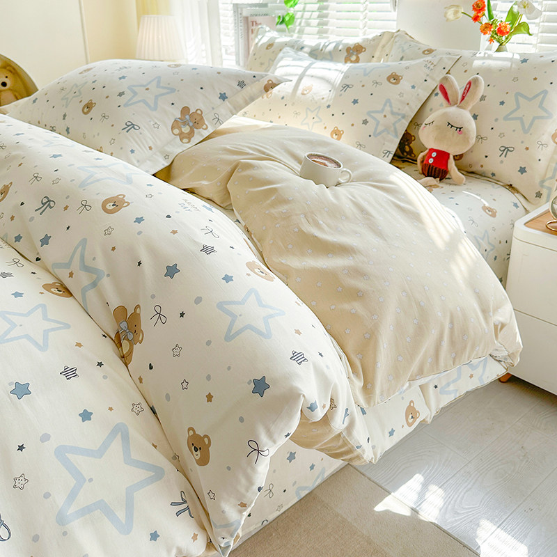 全棉四件套double英国卡通小清新套件美国Twin斜纹被套床单床笠款