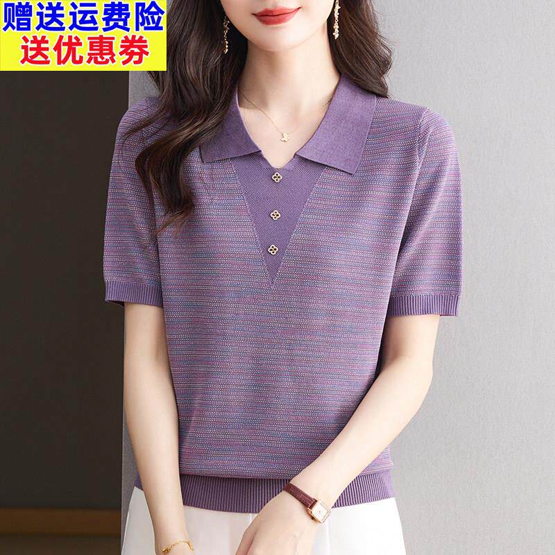 夏季新款短袖针织衫女宽松妈妈装洋气翻领上衣特大码桑蚕丝Tt恤衫