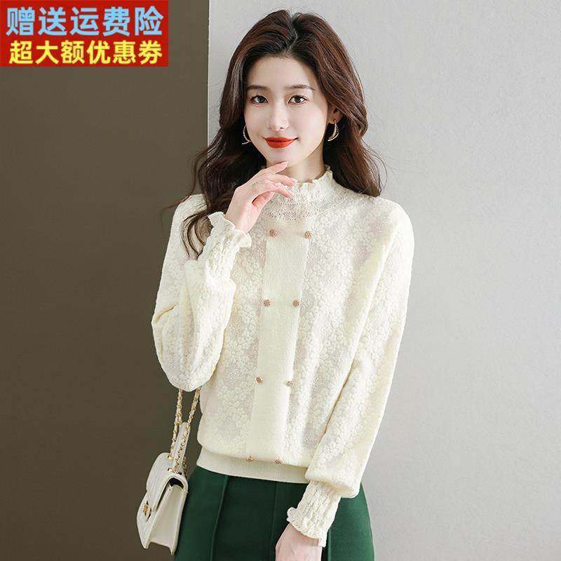 春秋新款半高领针织毛衣女短款宽松蕾丝花边薄款打底衫内搭羊毛衫