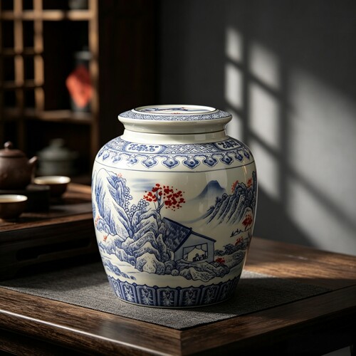 己造青花釉里红防潮大号陶瓷茶叶