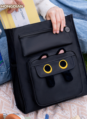 弘典补习袋学生手提袋大容量补课袋小学生儿童帆布包补课美术袋手提包女初中生拎书袋男生书袋补习包猫咪刺绣