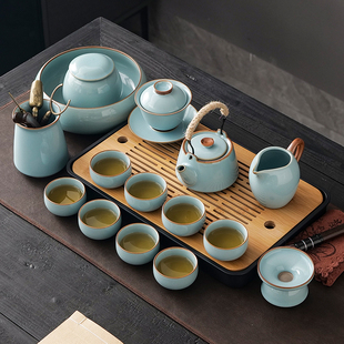盖碗茶盘轻奢茶杯会客厅高档泡茶壶2024新款 天青汝窑功夫茶具套装
