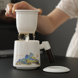 陶瓷个人专用马克杯带盖 家用大容量泡茶杯羊脂玉 茶水分离办公杯