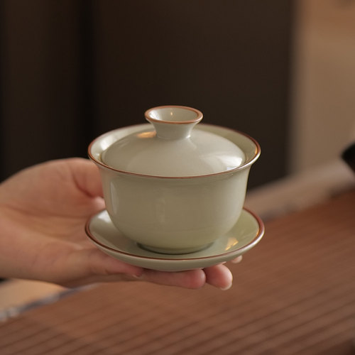 米黄汝窑家用三才盖碗小套装