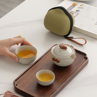 米黄汝窑旅行茶具小套装户外露营陶瓷快客杯一壶两杯便携式伴手礼