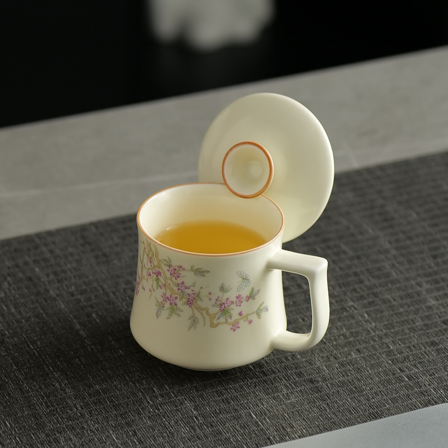 汝窑桃枝秾粉泡茶杯陶瓷杯个人专用办公室定制马克杯带盖水杯子,餐饮具,马克杯,淘宝优惠券,粉丝福利购,淘宝优惠卷