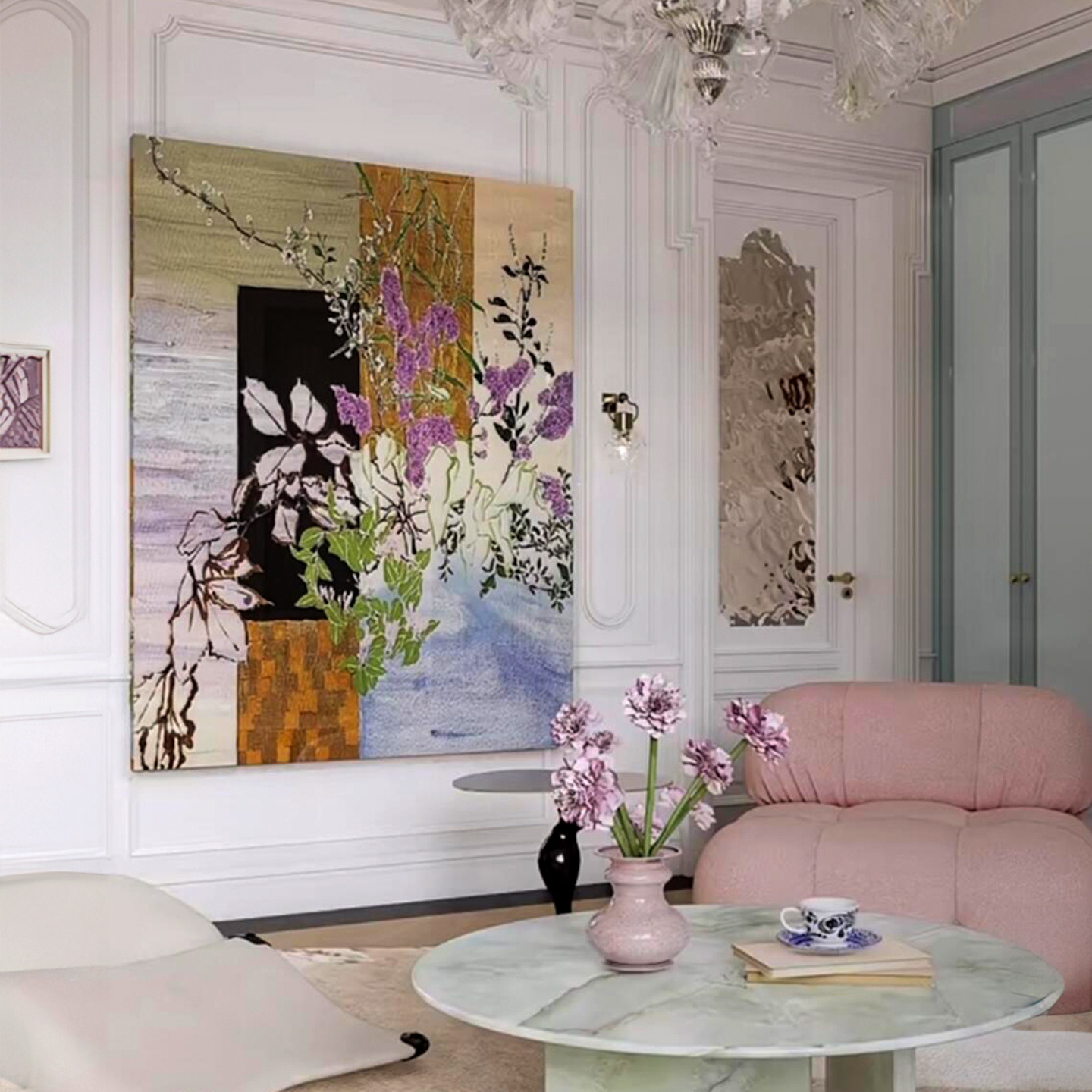 轻法式挂画高级感奶油风轻奢风格玄关高端大气餐厅壁画复古欧式花