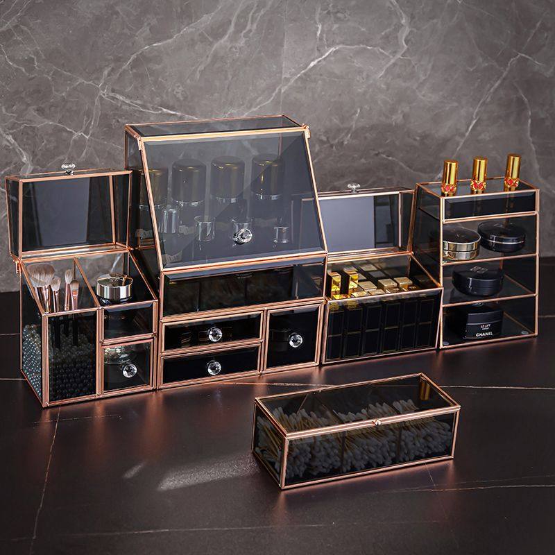 高颜值玻璃化妆品收纳盒防尘桌面收纳整理盒梳妆台护肤品置物架子