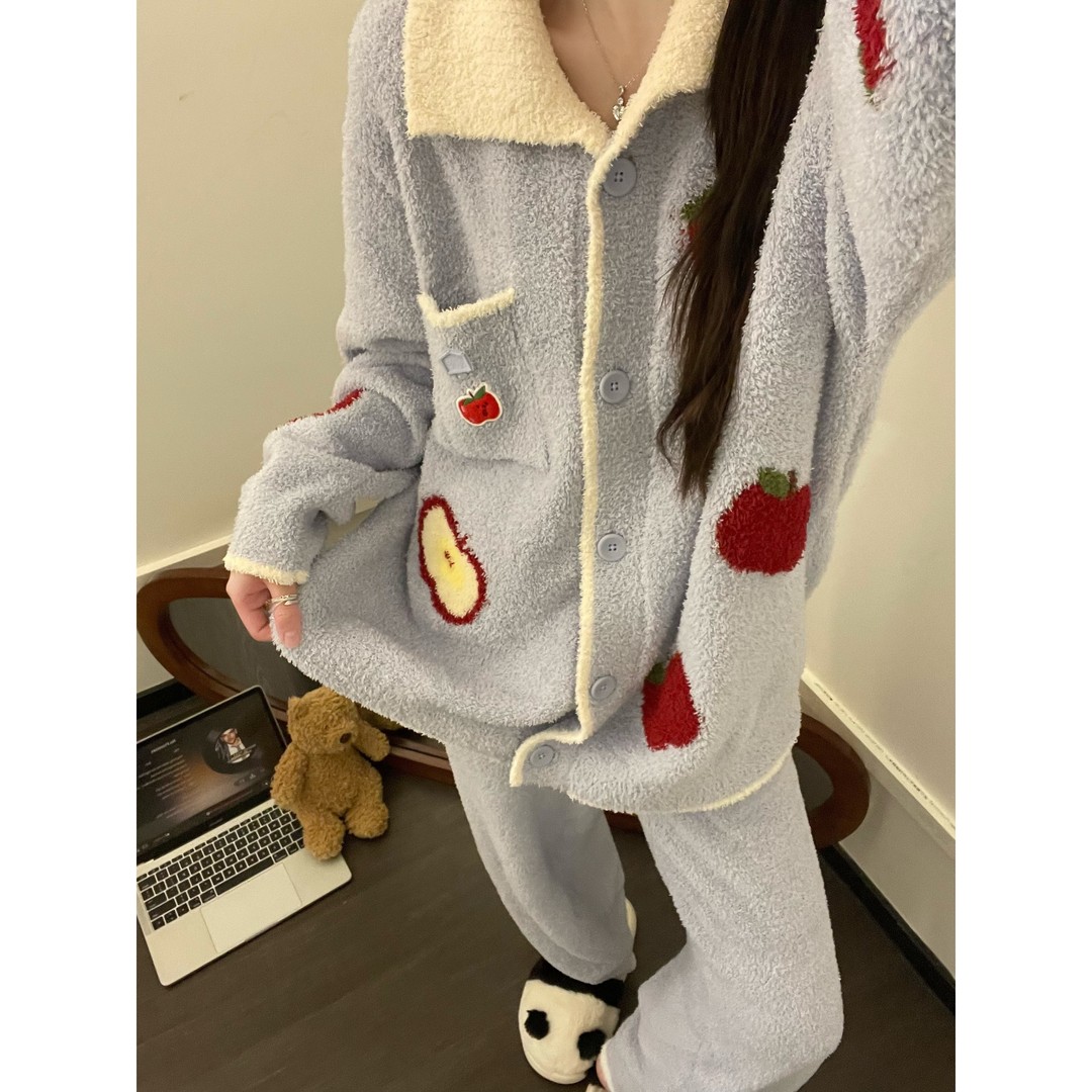 简约软糯慵懒半边绒睡衣女秋冬加厚开衫针织外套家居服套装可外穿