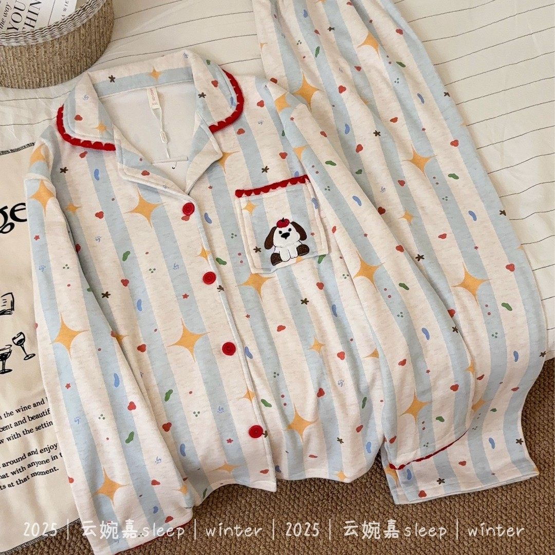 小狗派对秋冬新款卡通可爱保暖德绒小翻领开衫长袖长裤套装睡衣女