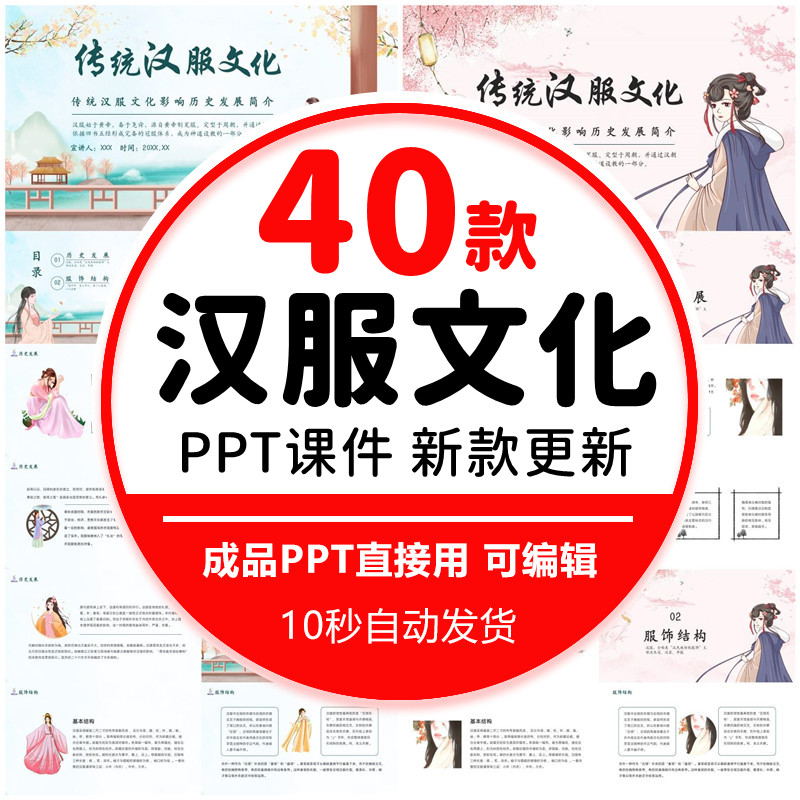 G汉服文化PPT模板 中国风覆古古典传统文化古装服装女装唐装服饰