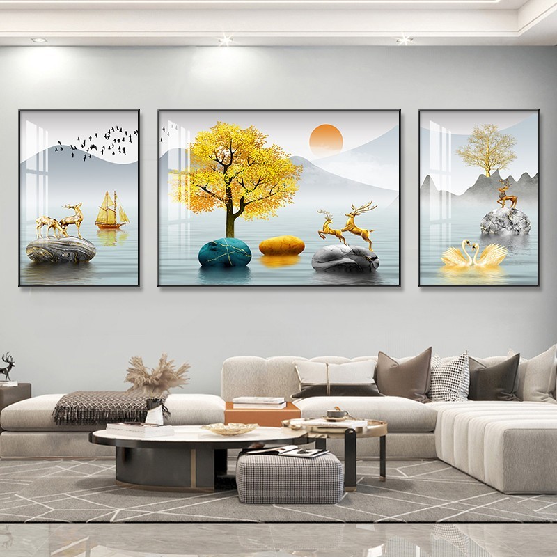 现代轻奢客厅装饰画沙发背景墙上挂画新中式三联山水画高级感壁画