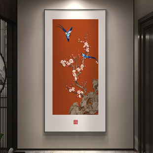 喜气盈门玄关装饰画新中式竖版寓意好花鸟挂画走廊过道高级感壁画