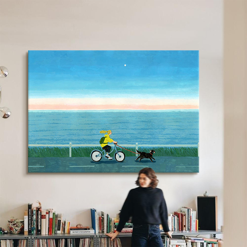 《海边骑行》治愈系海景客厅装饰画抽象人物玄关装饰画趣味壁挂画