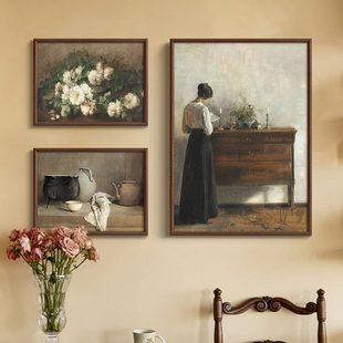 《读书女子与静物花卉》高级感法式覆古装饰画组合中古风古典挂画