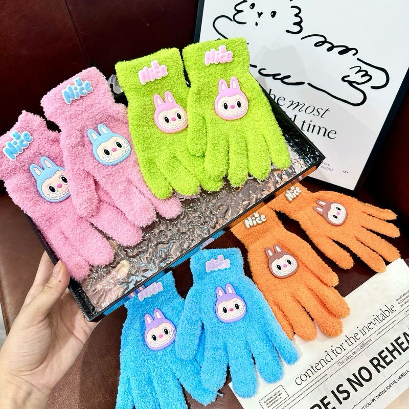 la布布冬季毛绒手套女韩版珊瑚绒分指手套糖果色学生骑车保暖防寒