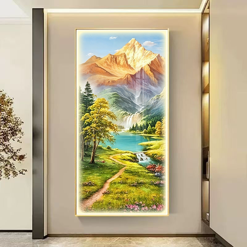 入户正对门挂画金山聚宝盆山水风景画玄关装饰画客厅走廊过道壁画