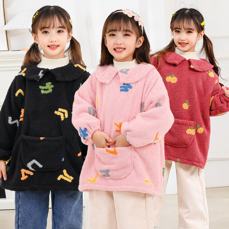 宝宝罩衣冬季加绒加厚吃饭囤衣兜女孩防脏护衣羽绒服防脏小孩罩衫