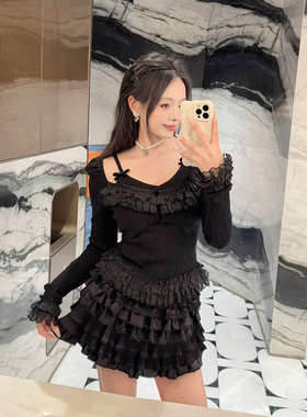 拉家2026早春新款洛可可荷叶边手工钉珠蕾丝拼接针织上衣GHQ68273