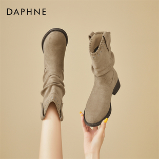 达芙妮西部牛仔靴女冬季 美拉德靴子中筒靴粗跟堆堆靴 加绒2025新款