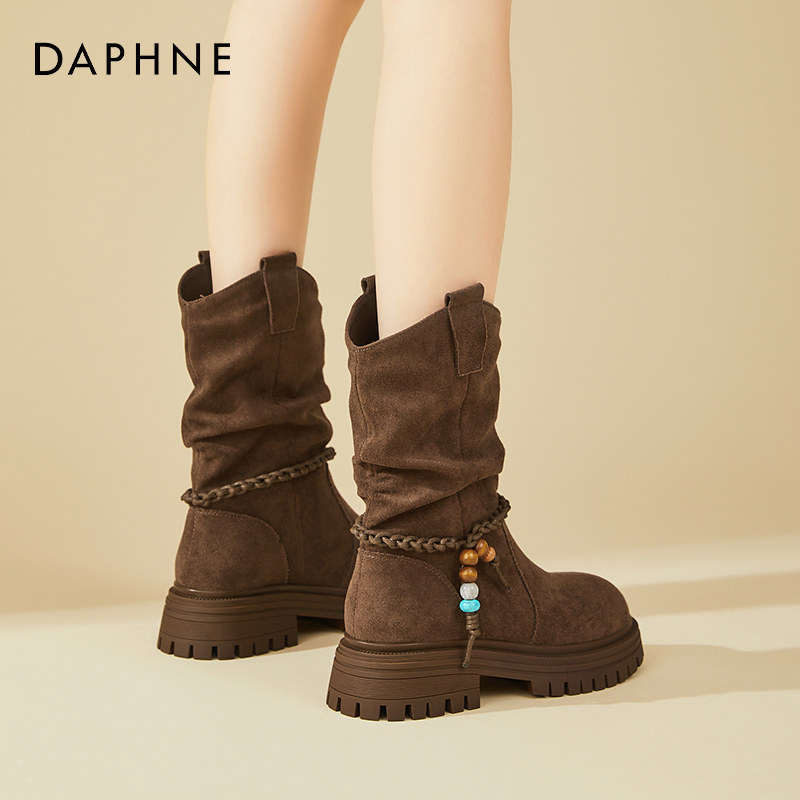 达芙妮复古厚底堆堆靴女款冬季加绒2025新款西部牛仔靴美拉德短靴,女鞋,西部靴,淘宝优惠券,粉丝福利购,淘宝优惠卷