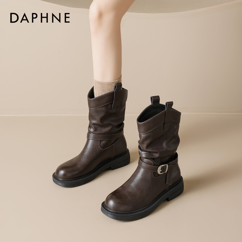 达芙妮粗跟棕色短靴女马丁靴百搭