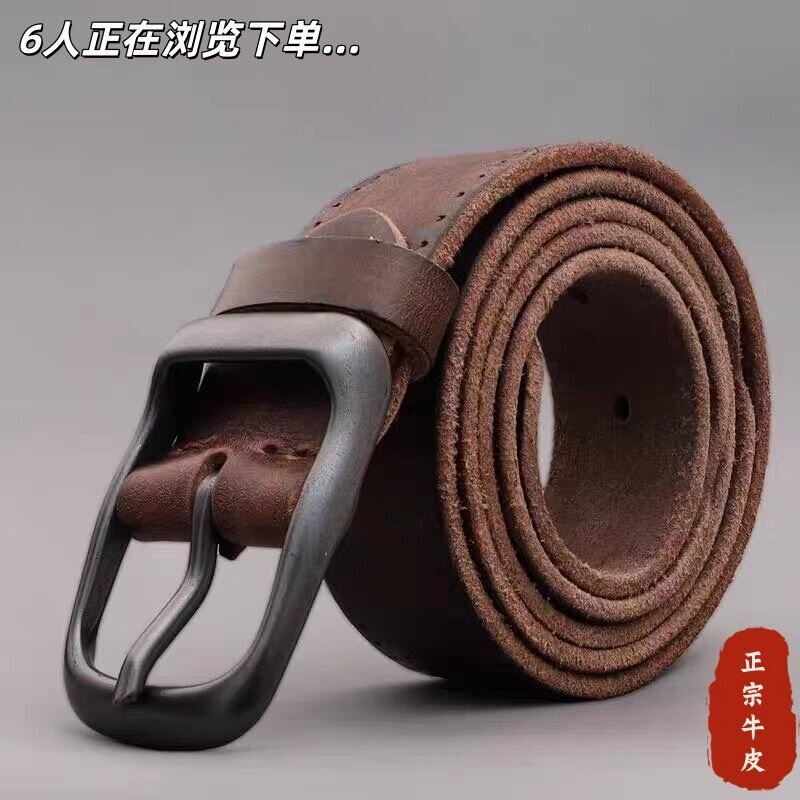 手工头层牛皮针扣皮带男复古百搭真皮腰带简约休闲男士牛仔腰带