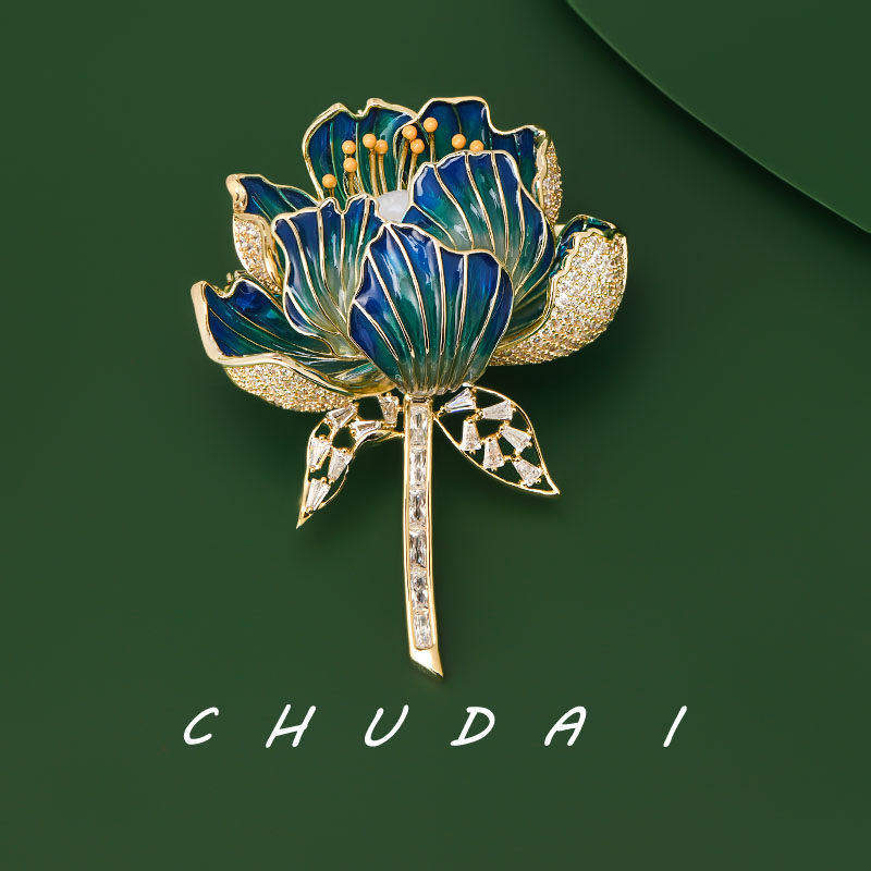雪莲花蓝色胸针高档女天然珍珠气质珐琅滴油胸花西装别针时尚配饰