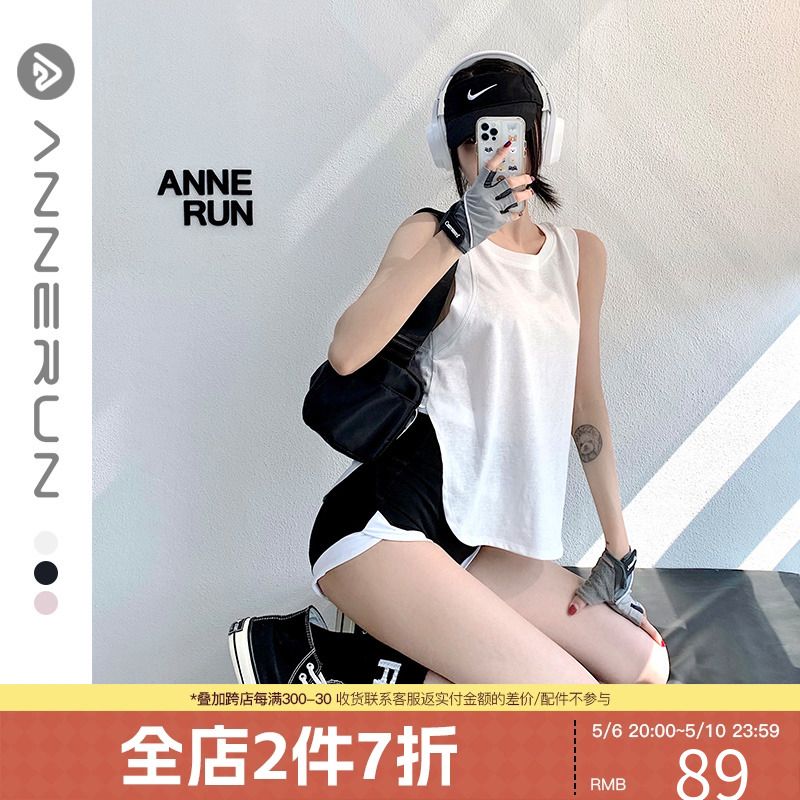 annerun运动罩衫女无袖宽松速干背心T恤健身房外穿跑步上衣瑜伽服