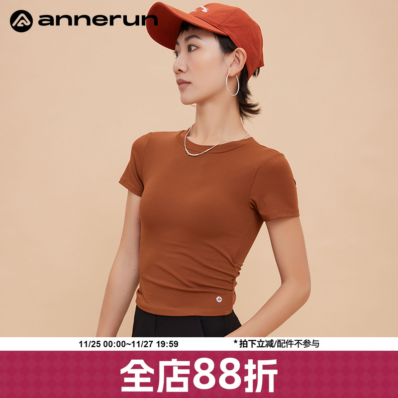 annerun运动上衣女夏季美背薄款抽绳褶皱健身瑜伽服短款修身短袖