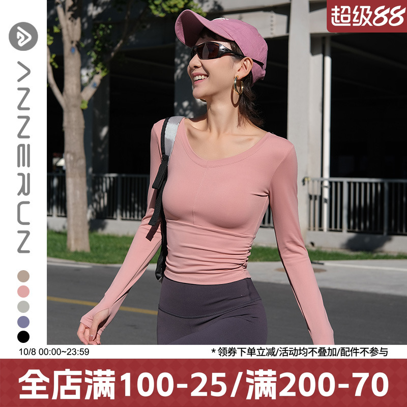 annerun瑜伽服长袖女V领褶皱紧身百搭修身显瘦上衣透气排汗健身服