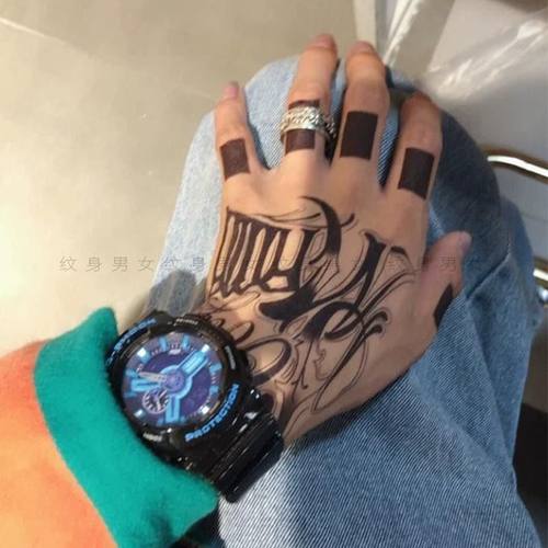 新款果汁草本手背纹身贴黑指手指花手英文个性社会潮流ins风网红