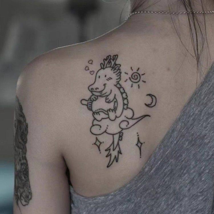 草本纹身贴果汁贴渐变慢慢显色防水可爱的中国龙纹身贴手臂