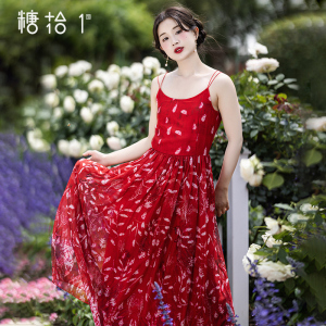 出清【醉红颜】红色连衣裙女夏季吊带裙新款气质雪纺长裙性感裙子