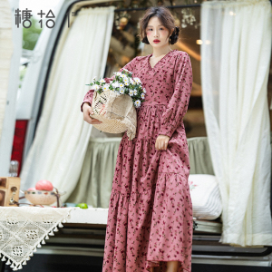 现货【桃语春烟】早秋灯芯绒V领连衣裙女长袖复古印花长裙高腰裙