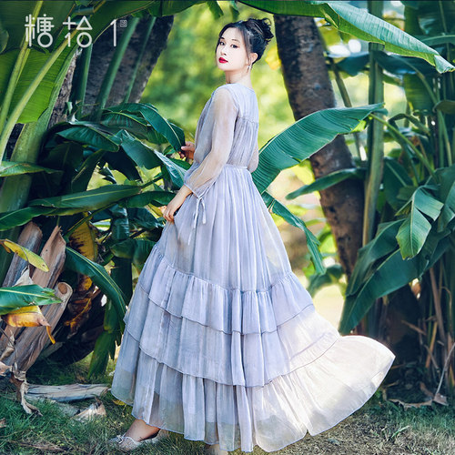 复古v领抽褶连衣裙女夏拼接长裙