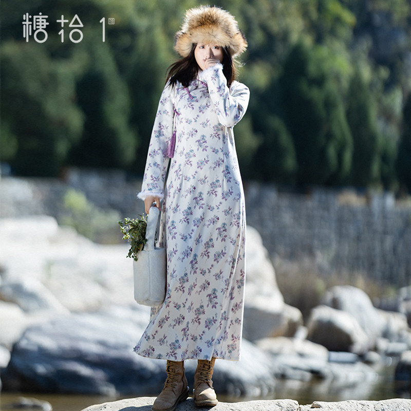 现货【浮生木槿】复古立领水貂毛旗袍连衣裙针织印花裙女冬季新款
