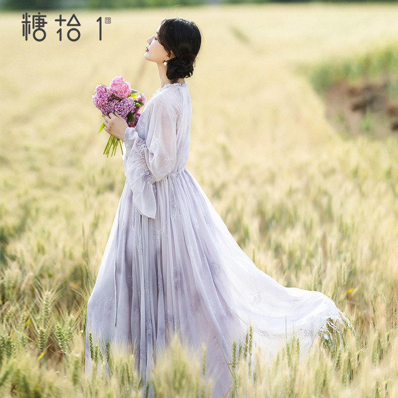 复古晕染连衣裙女夏季刺绣雪纺裙