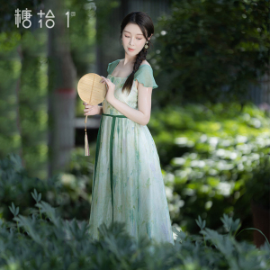 现货【风入松慢】文艺国风印花小飞袖连衣裙女夏季显瘦长裙方领裙