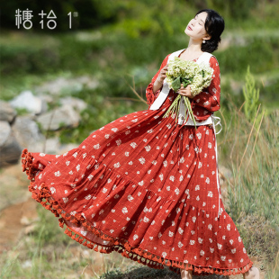 印花连衣裙女2025轻薄宽松拼接流苏文艺荷叶边裙 夏季 花落成诗