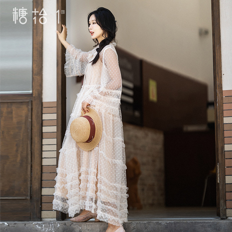 波点网纱蛋糕长裙吊带套装女夏季