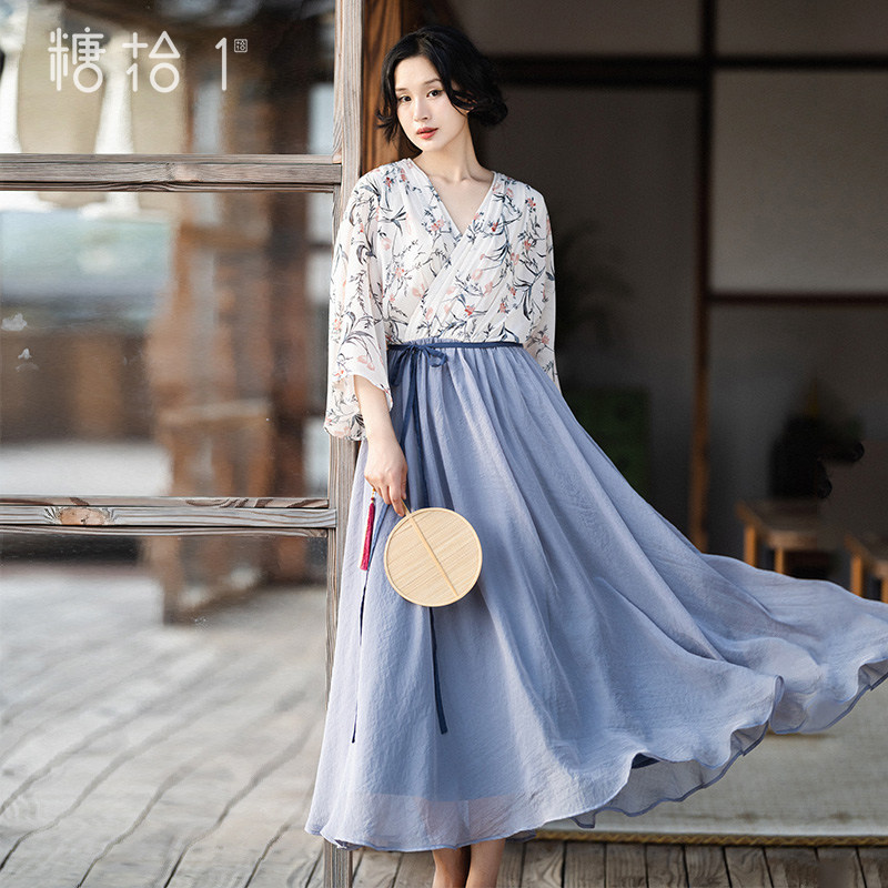 现货【黛画生花】复古国风v领连衣裙女夏季雪纺印花拼接大摆长裙,女装/女士精品,连衣裙,淘宝优惠券,粉丝福利购,淘宝优惠卷