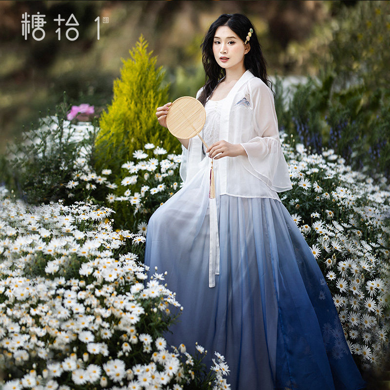 现货【山色远】汉服对襟开衫女夏季刺绣蕾丝吊带雪纺渐变半裙套装,女装/女士精品,时尚套装,淘宝优惠券,粉丝福利购,淘宝优惠卷