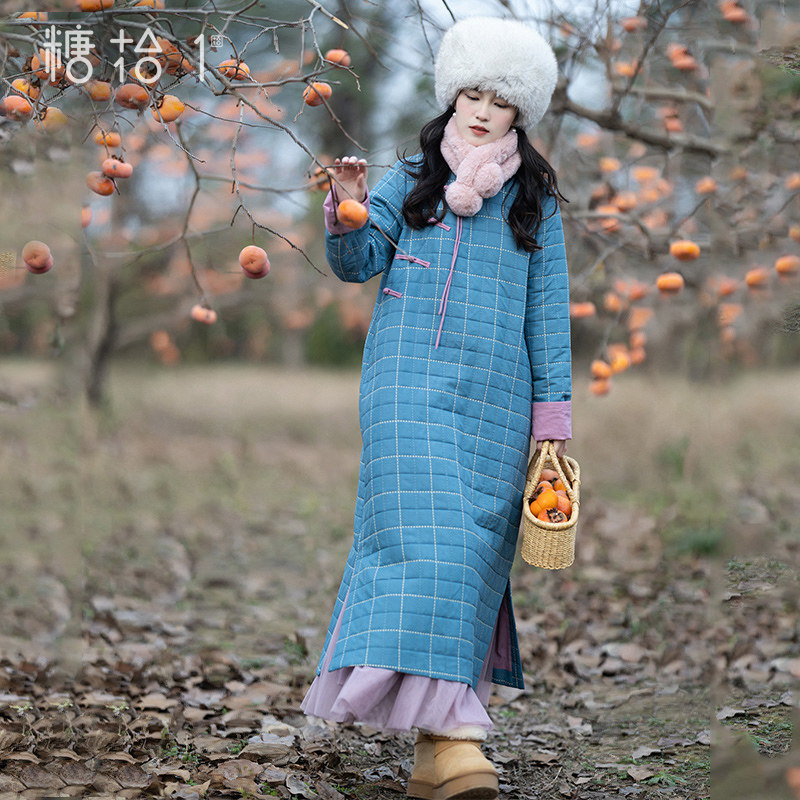 现货【暗袅花枝】文艺立领格子连衣裙新中式偏襟侧开叉袍子女冬季