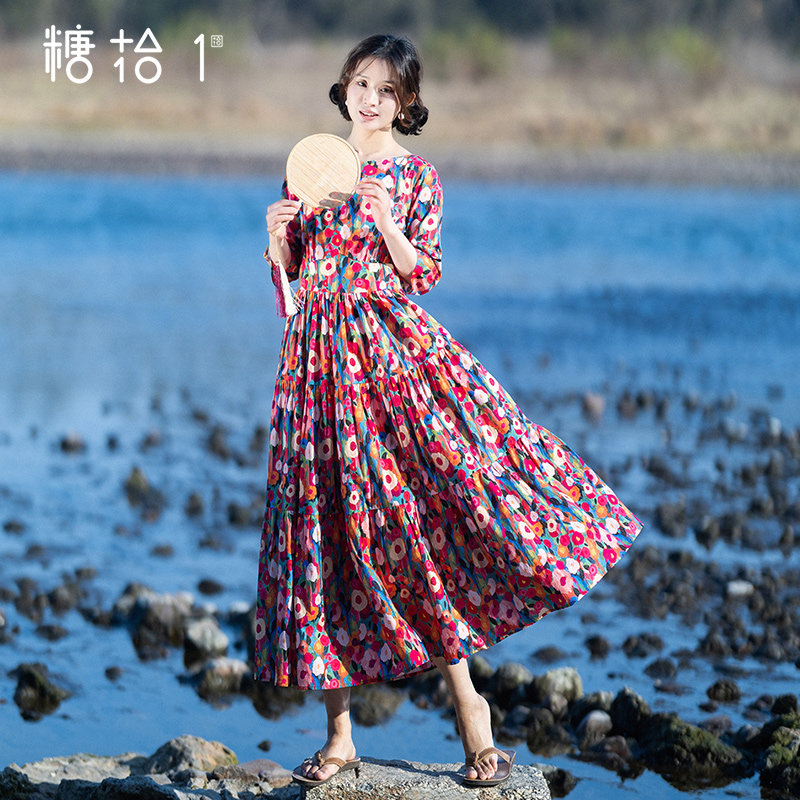 【丹彩灼春】碎花大摆连衣裙女2026春文艺浪漫印花长裙七分袖薄裙