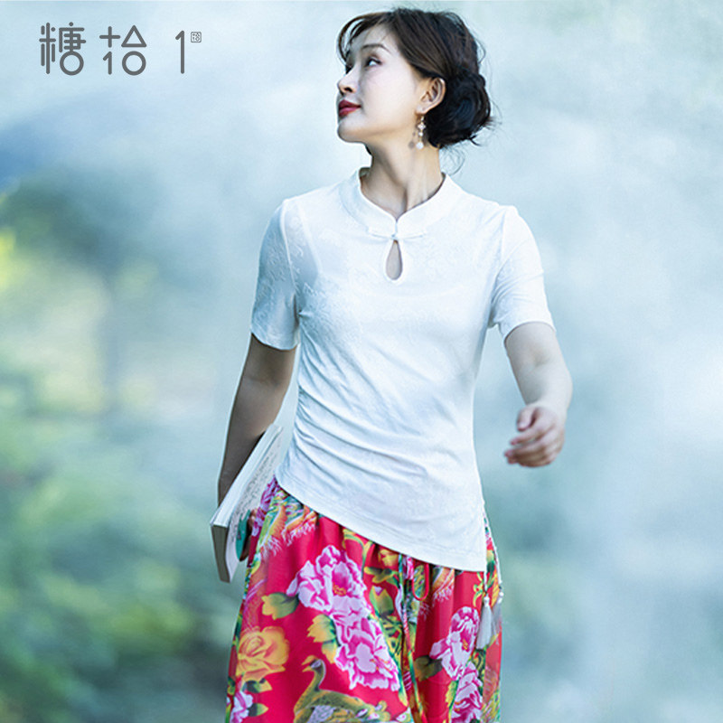 清【牡丹映月】复古国风不对称白色T恤雪纺牡丹印花长裤女夏新款