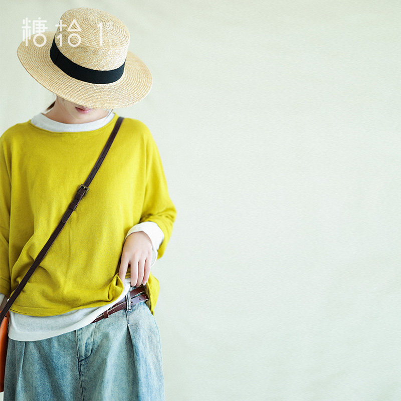 糖十一棉麻针织毛衣薄款秋装2025新款蓝色长袖短款上衣早秋卫衣女