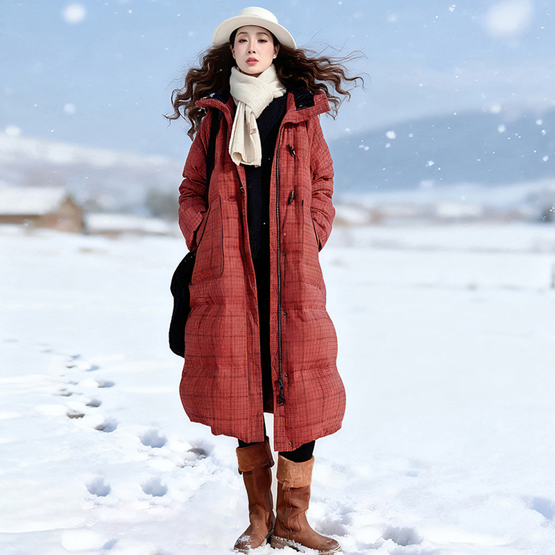 红格子连帽羽绒服女冬季加厚外套