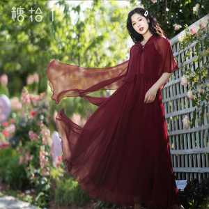 【赏红妆】复古红色吊带连衣裙女夏季拼接收腰长裙两件套