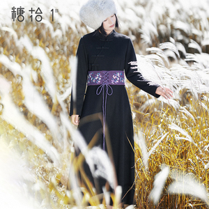 现货【墨山衔月】复古国风黑色针织连衣裙女冬季立领中长款大摆裙